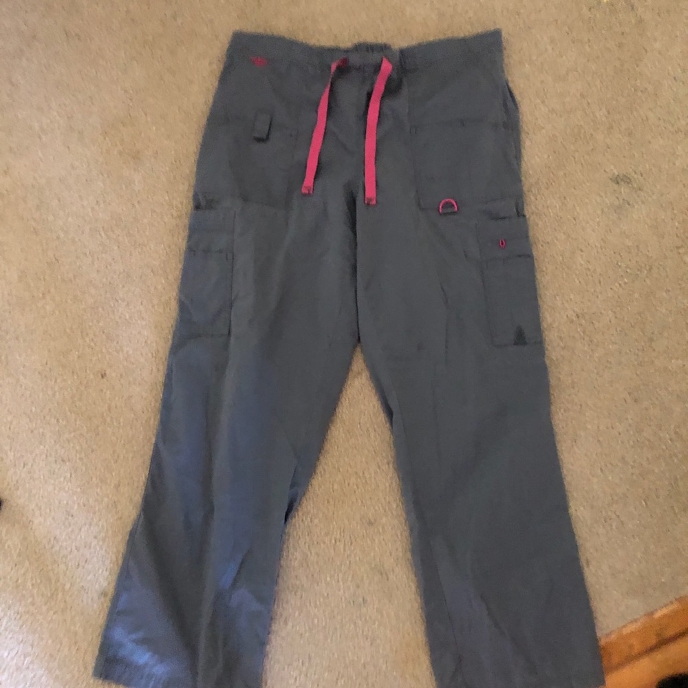 Med Couture Gray Cargo Scrub Pants with Pink Drawstring